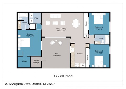 Floor plan for 3 beds, 2 baths, 1260 sqft